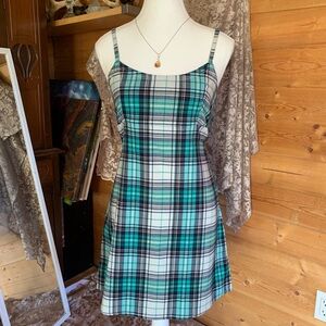 Y2K Twee Mini Dress Brandy Melville Teal Black Plaid Cabin Cottage Picnic Preppy